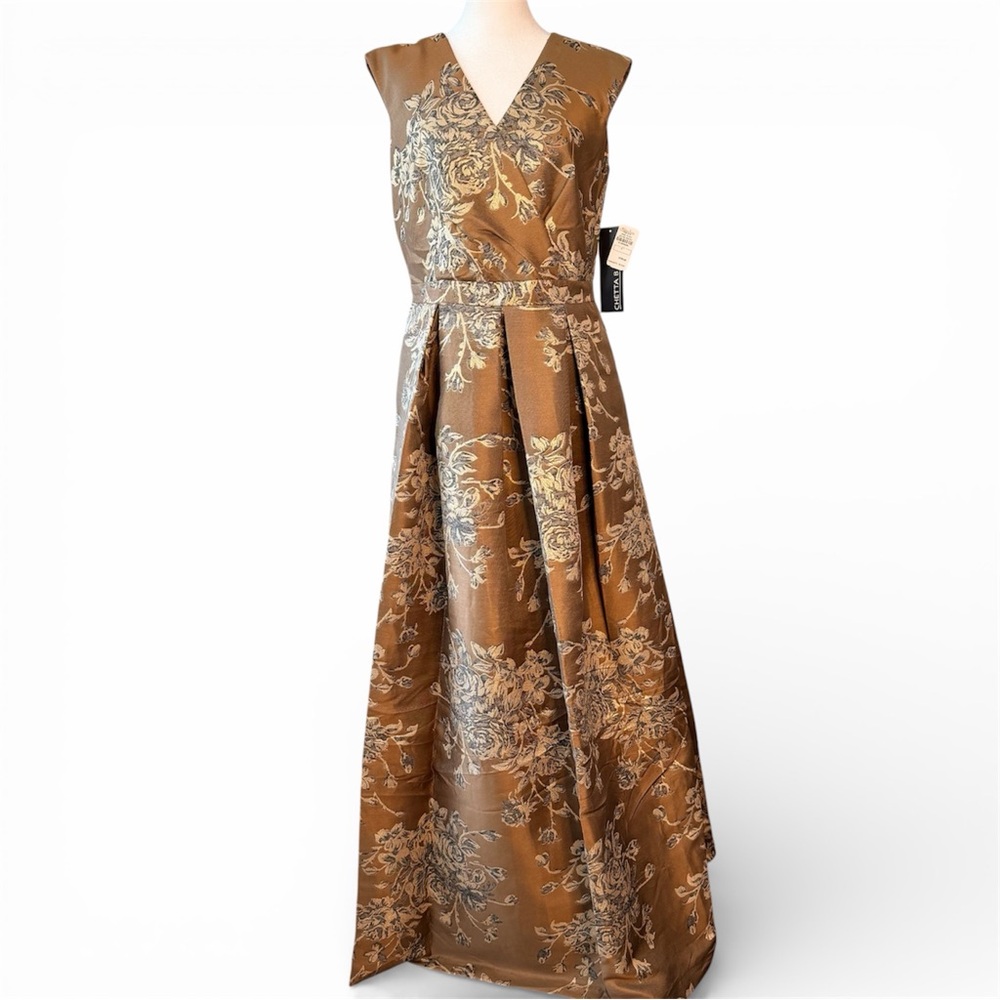 New! CHEETA B Black Tie Formal Wedding Brown Floral Satin‎ Jacquard Dress Size 6